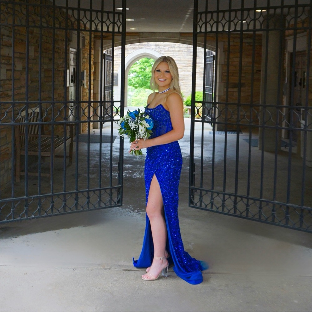 Blue strapless corset crystal top Ashley Lauren prom dress